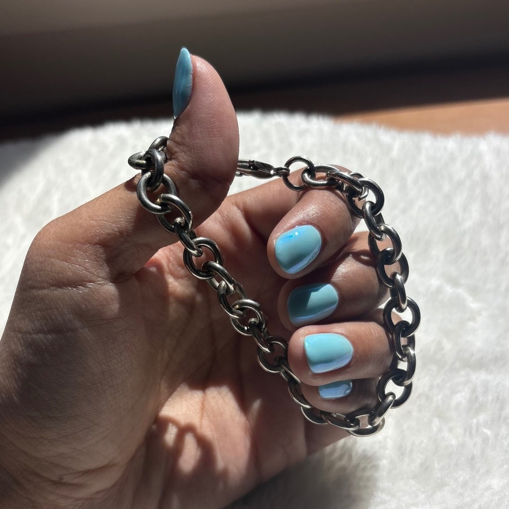 Silver Tone Chunky Rolo Link Chain Bracelet Lobster Clasp Heavy Minimalist